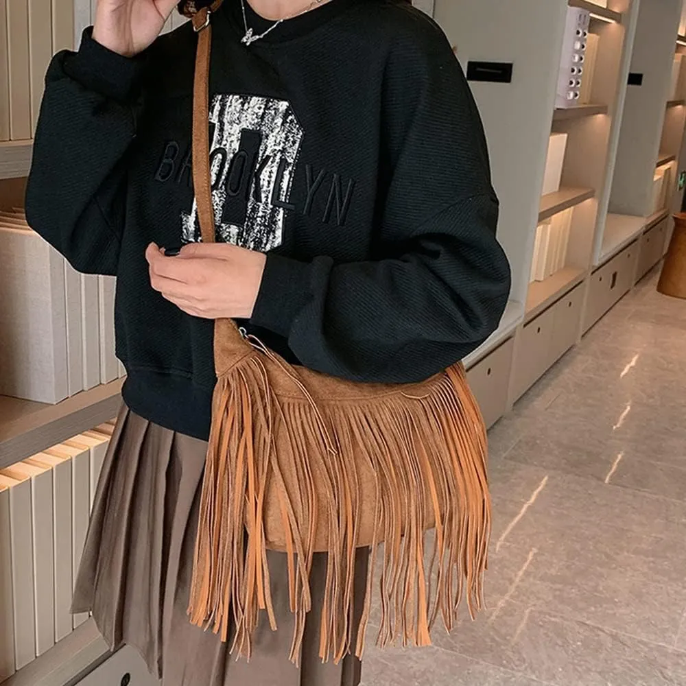 Downupdown Fringe Crossbody Bag for Women Vintage Suede Hobo Purse Handbags Shoulder Bag Bohemian Messenger Bags Zip Satchel