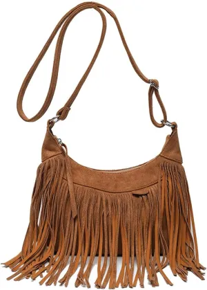 Downupdown Fringe Crossbody Bag for Women Vintage Suede Hobo Purse Handbags Shoulder Bag Bohemian Messenger Bags Zip Satchel