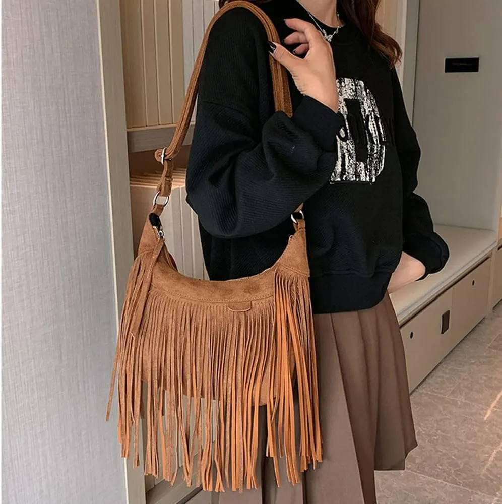 Downupdown Fringe Crossbody Bag for Women Vintage Suede Hobo Purse Handbags Shoulder Bag Bohemian Messenger Bags Zip Satchel