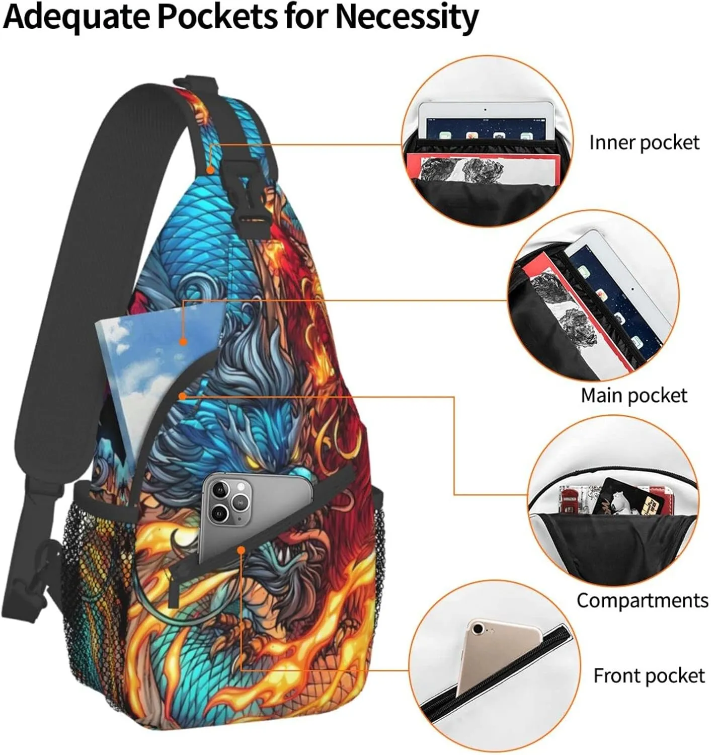 Dragon Pattern Crossbody Bag Crossbody Backpack Sling Backpack Shoulder Bag Chest Bag Sling Bag For Women Men