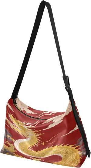 Dragon Pine Tree Red Hobo Shoulder Bag for Women Men PU Leather Crossbody Bag Slouchy Tote Handbags for Traveling Shopping Working