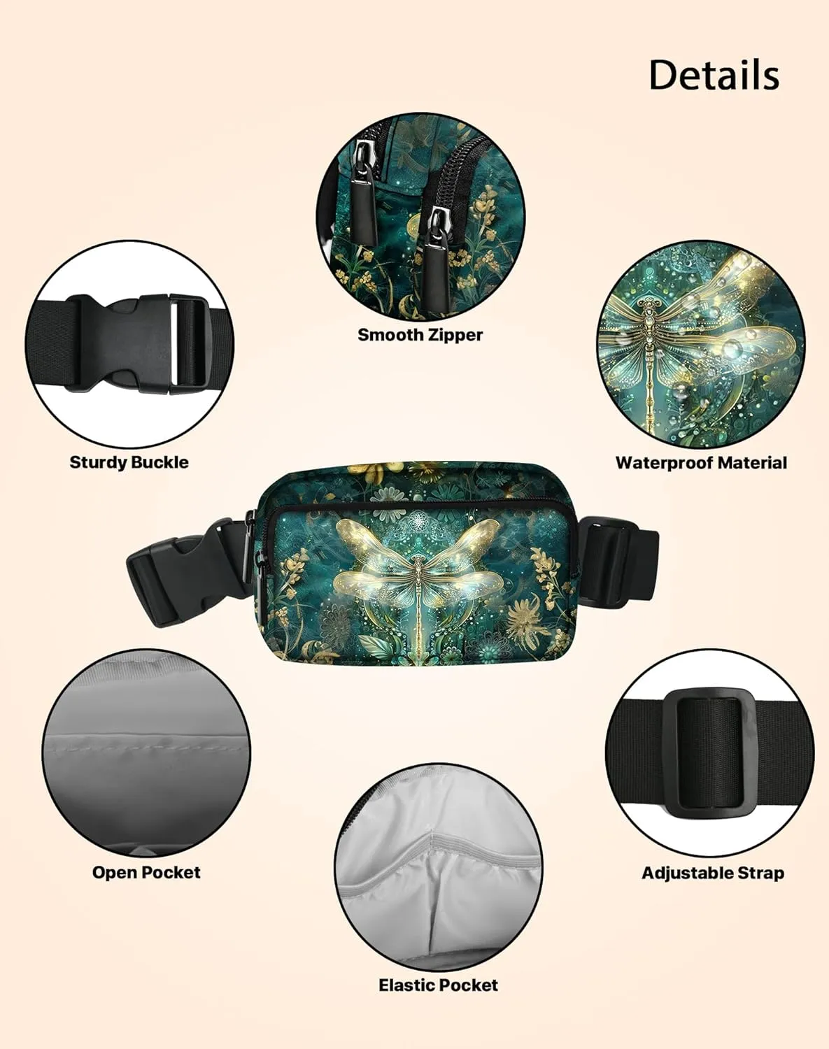 Dragonfly Fanny Pack Fashion Belt Bag Lightweight Waist Pouch with Adjustable Strap Mini Crossbody Bags for Women Travel Sports Running