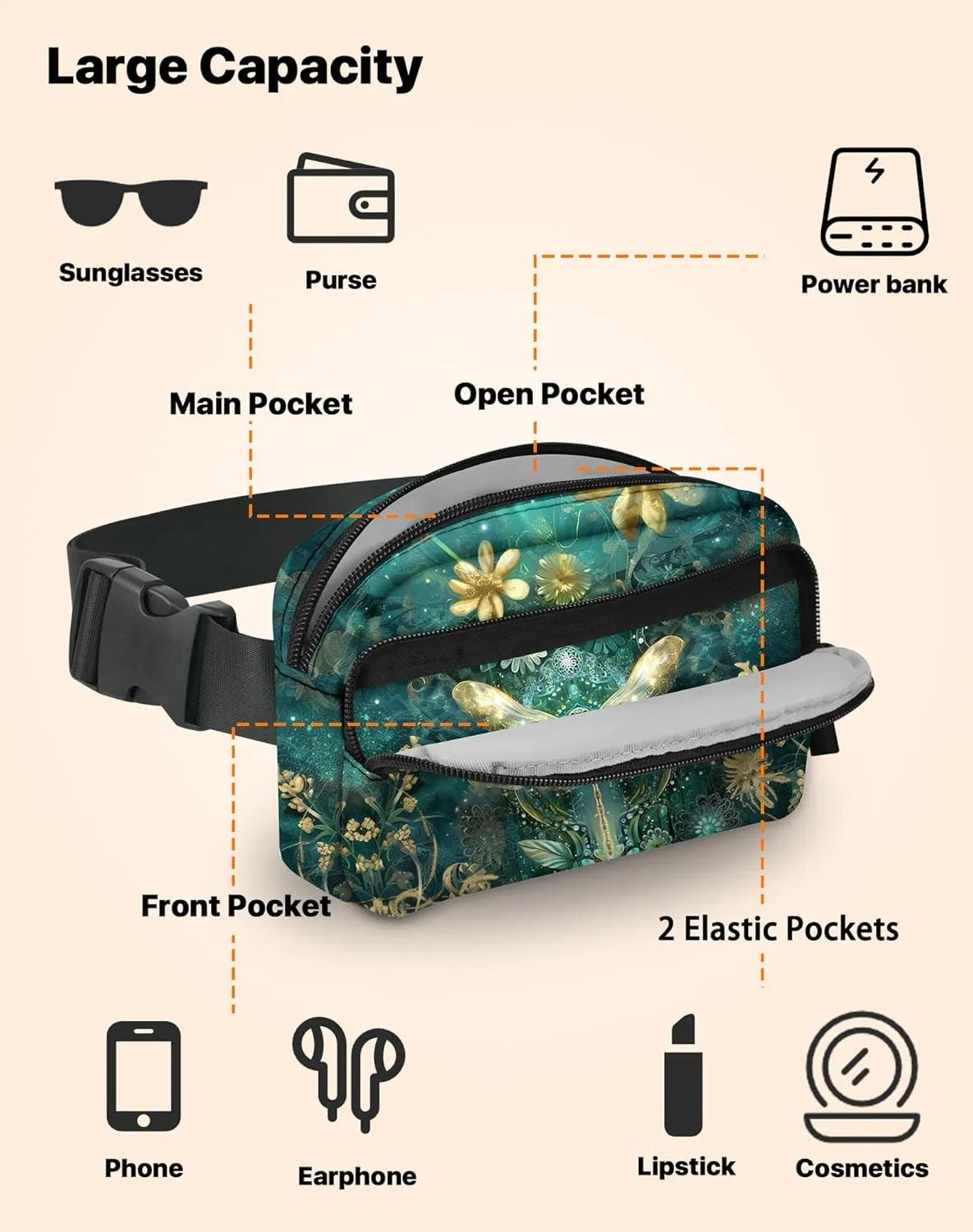 Dragonfly Fanny Pack Fashion Belt Bag Lightweight Waist Pouch with Adjustable Strap Mini Crossbody Bags for Women Travel Sports Running