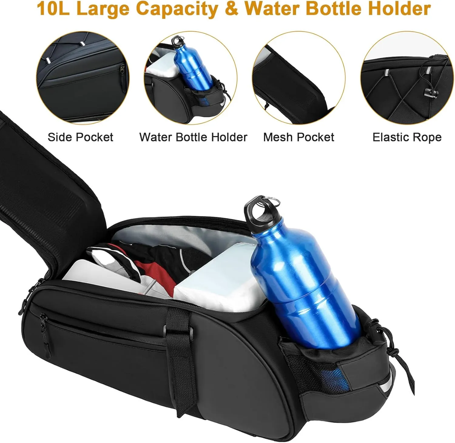 Dreamoon Waterproof Bike Rear Rack Bag, 10L Large Capacity Bicycle Trunk Bag, Reflective Cycling Saddle Panniers with Shoulder Strap, Bike Backseat Bag for Commuter & Outdoor Travel (New-Black)