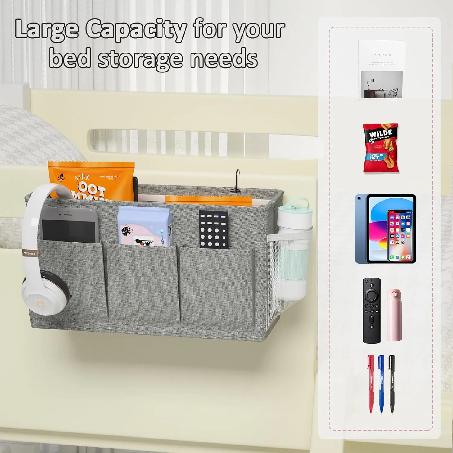Dual-purpose Bedside Caddy Bedside Organizer, Bed Caddy with 6 Pockets, Versatile Bedside Storage Solution Magazine Remotes holder, ideal for Home, Dorm, Hospital, Crib Bed (Grey 2pcs)