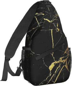 Dujiea Crossbody Backpack For Men Women Sling Bag, Black Marble Gold Line Texture Chest Bag Shoulder Bag Lightweight One Strap Backpack Multipurpose Travel Hiking Daypack