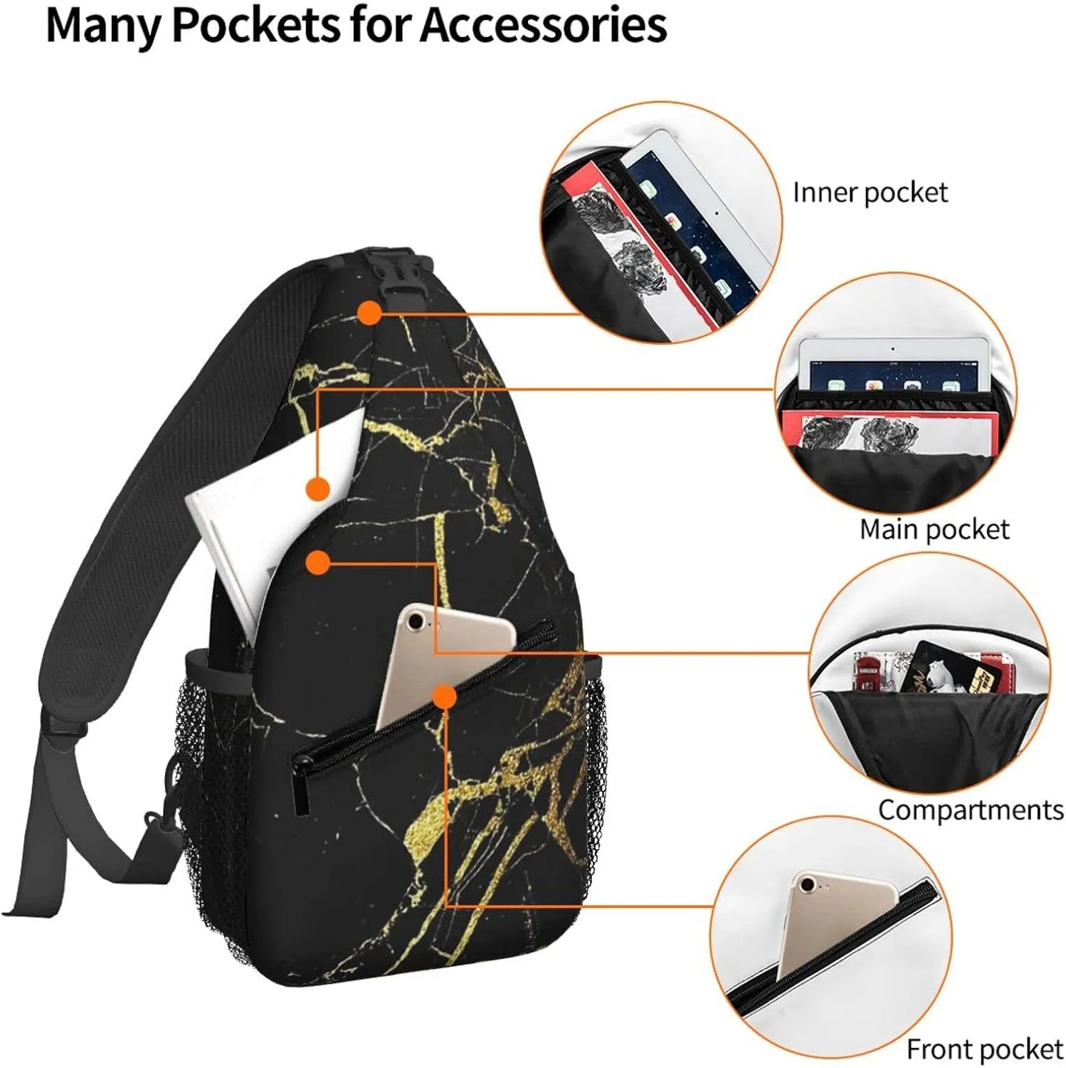 Dujiea Crossbody Backpack For Men Women Sling Bag, Black Marble Gold Line Texture Chest Bag Shoulder Bag Lightweight One Strap Backpack Multipurpose Travel Hiking Daypack