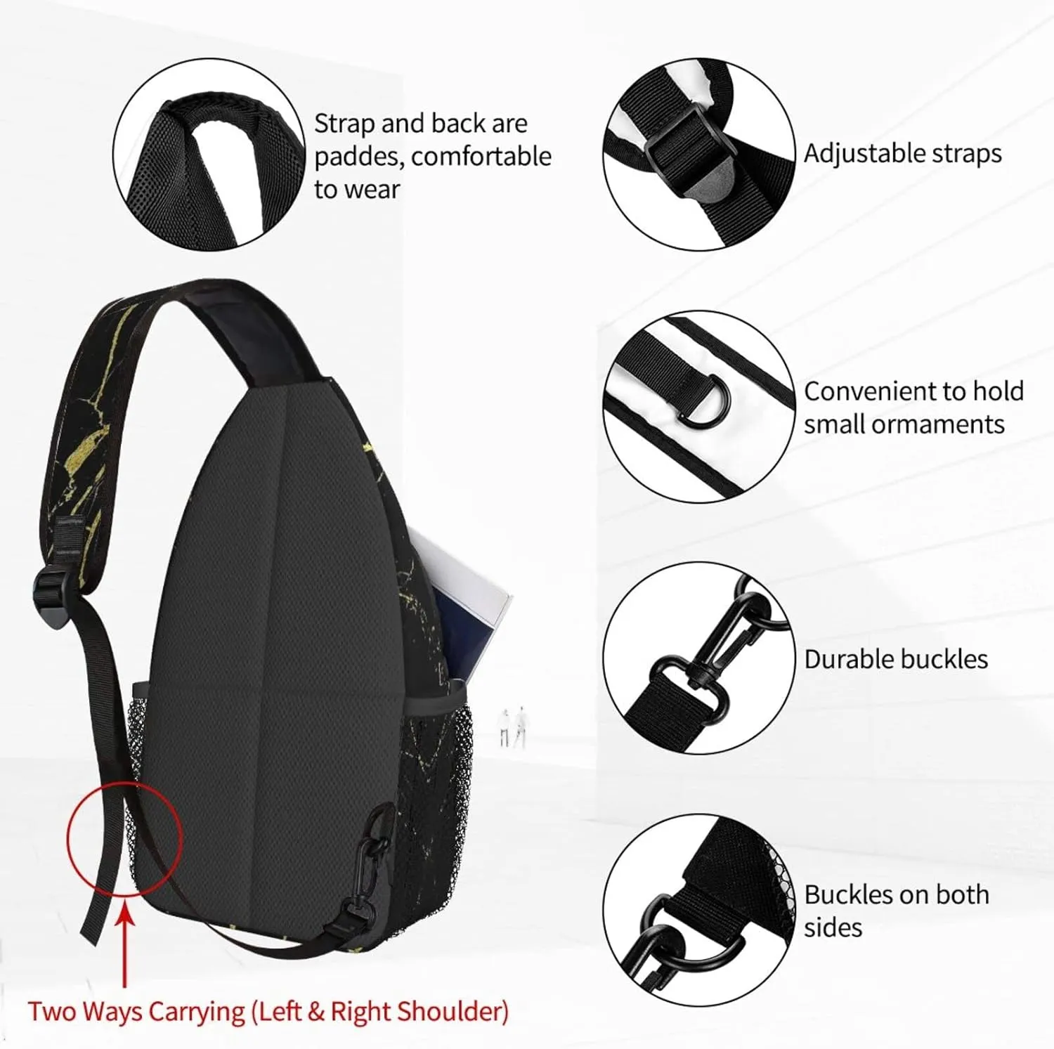 Dujiea Crossbody Backpack For Men Women Sling Bag, Black Marble Gold Line Texture Chest Bag Shoulder Bag Lightweight One Strap Backpack Multipurpose Travel Hiking Daypack