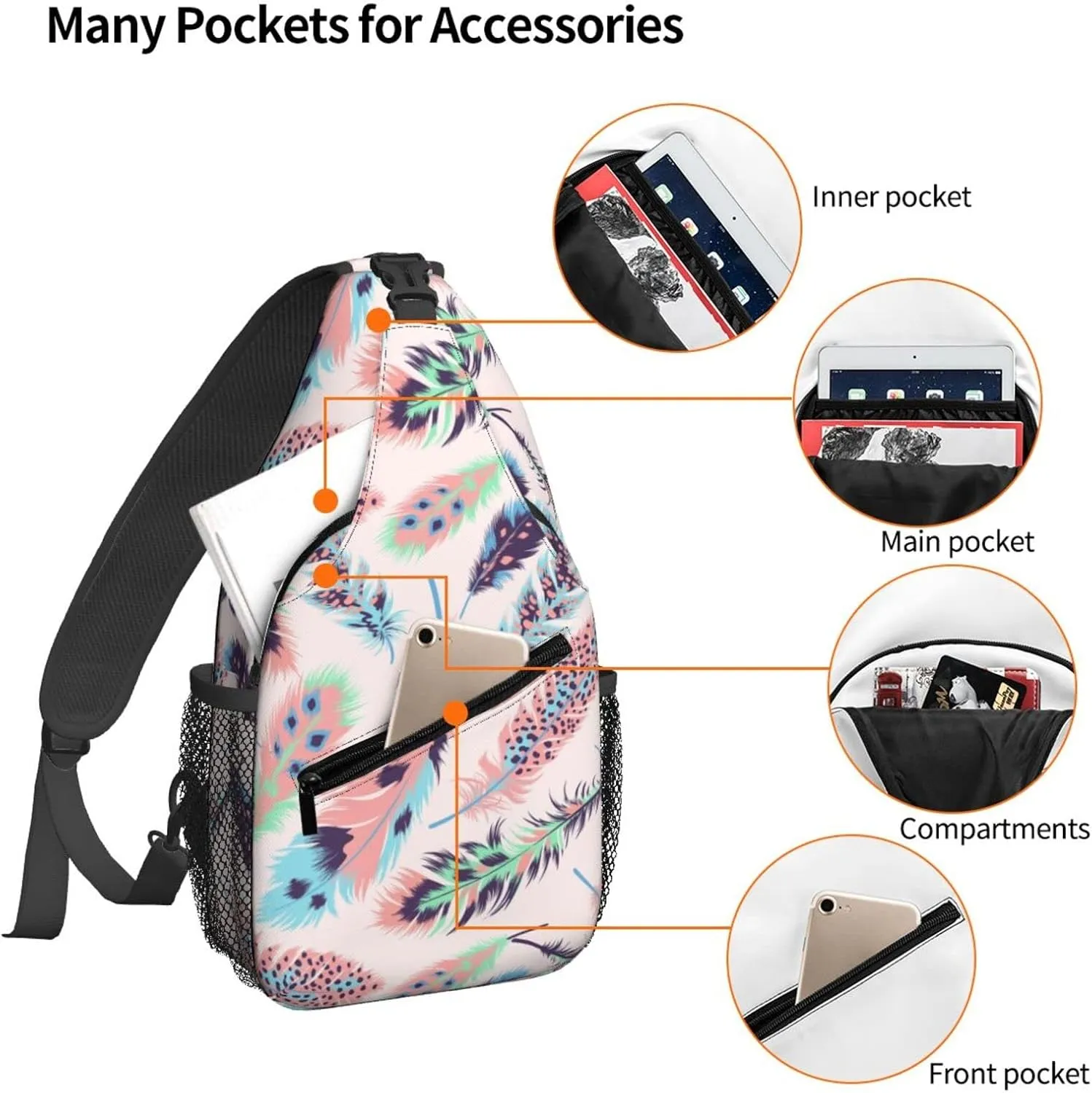 Dujiea Crossbody Backpack For Men Women Sling Bag, Bright Feathers Chest Bag Shoulder Bag Lightweight One Strap Backpack Multipurpose Travel Hiking Daypack