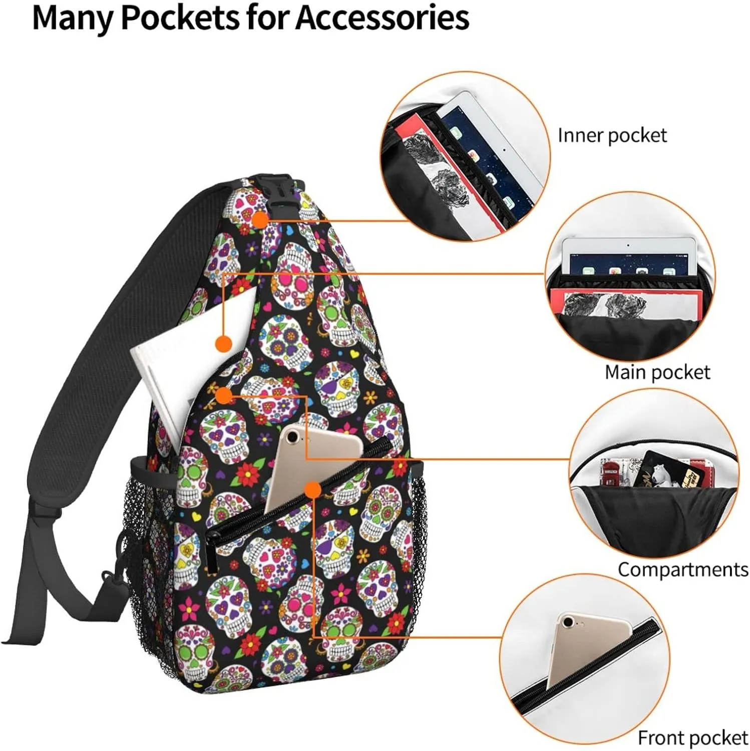 Dujiea Crossbody Backpack For Men Women Sling Bag, Day Of The Dead Sugar Skulls Chest Bag Shoulder Bag Lightweight One Strap Backpack Multipurpose Travel Hiking Daypack