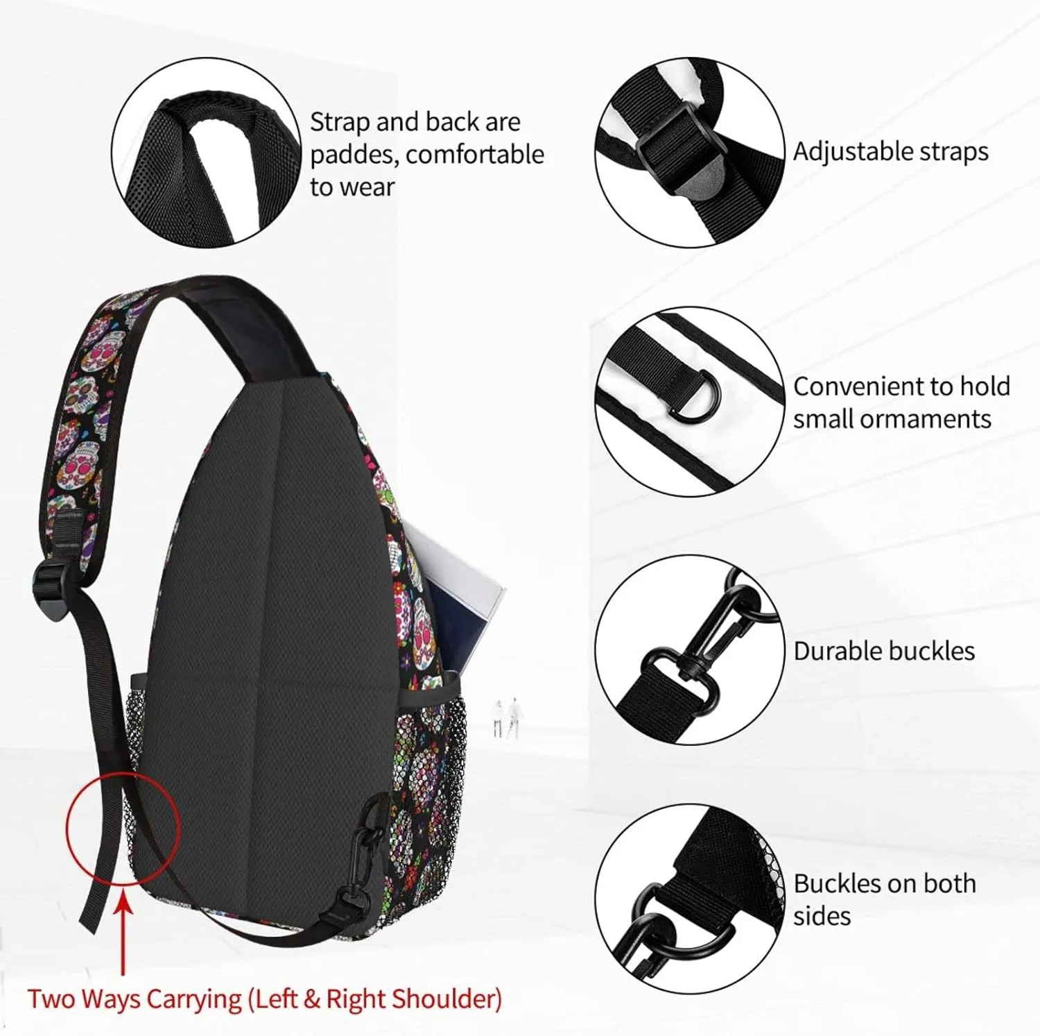 Dujiea Crossbody Backpack For Men Women Sling Bag, Day Of The Dead Sugar Skulls Chest Bag Shoulder Bag Lightweight One Strap Backpack Multipurpose Travel Hiking Daypack