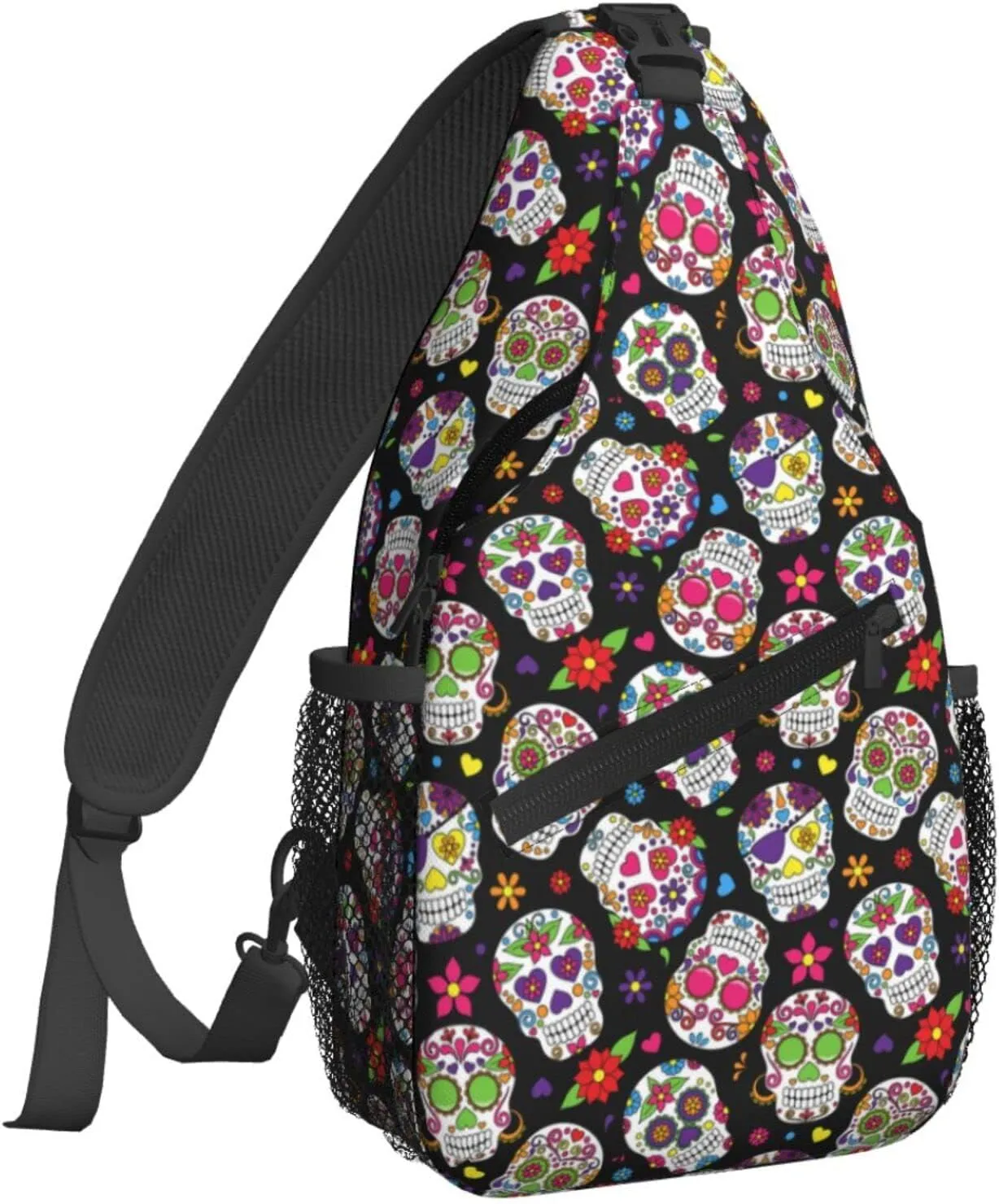 Dujiea Crossbody Backpack For Men Women Sling Bag, Day Of The Dead Sugar Skulls Chest Bag Shoulder Bag Lightweight One Strap Backpack Multipurpose Travel Hiking Daypack