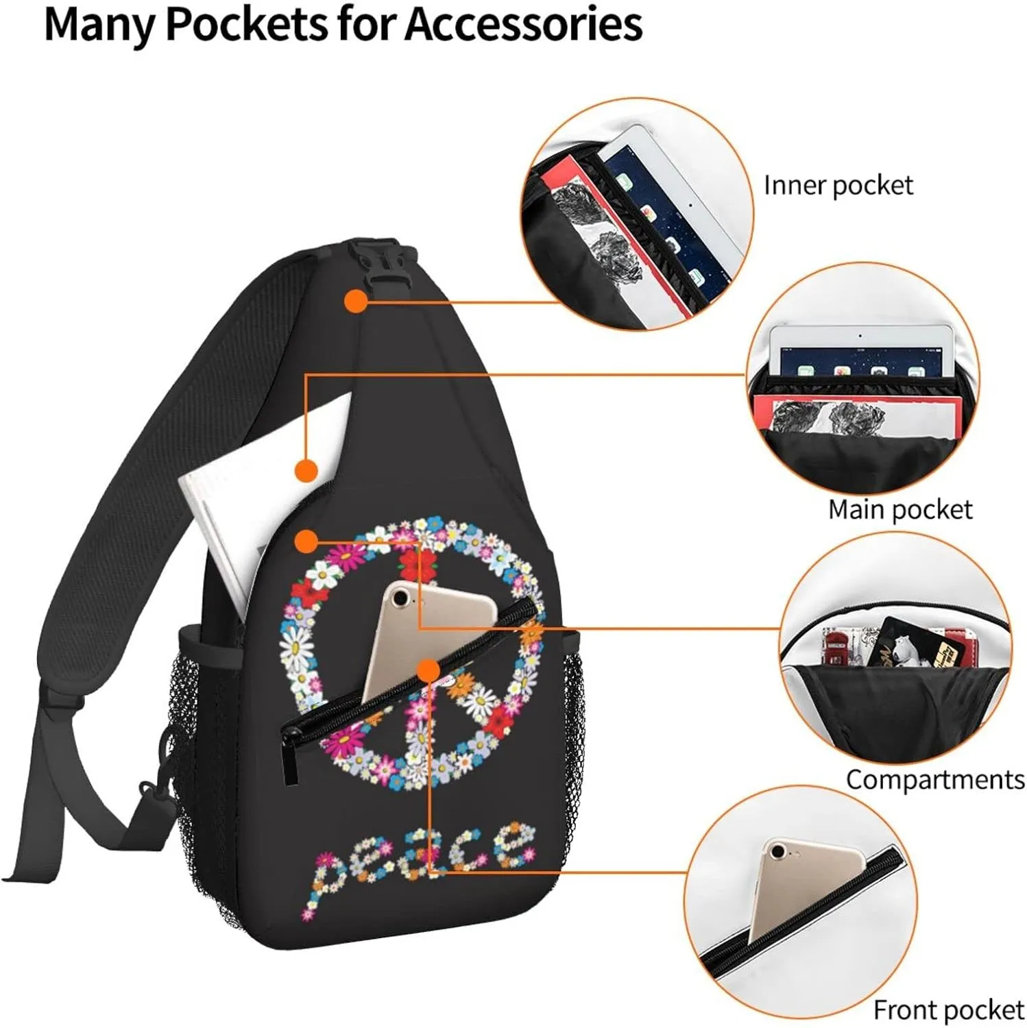 Dujiea Crossbody Backpack For Men Women Sling Bag, Spring Peace Sign Flower Symbol Chest Bag Shoulder Bag Lightweight One Strap Backpack Multipurpose Travel Hiking Daypack