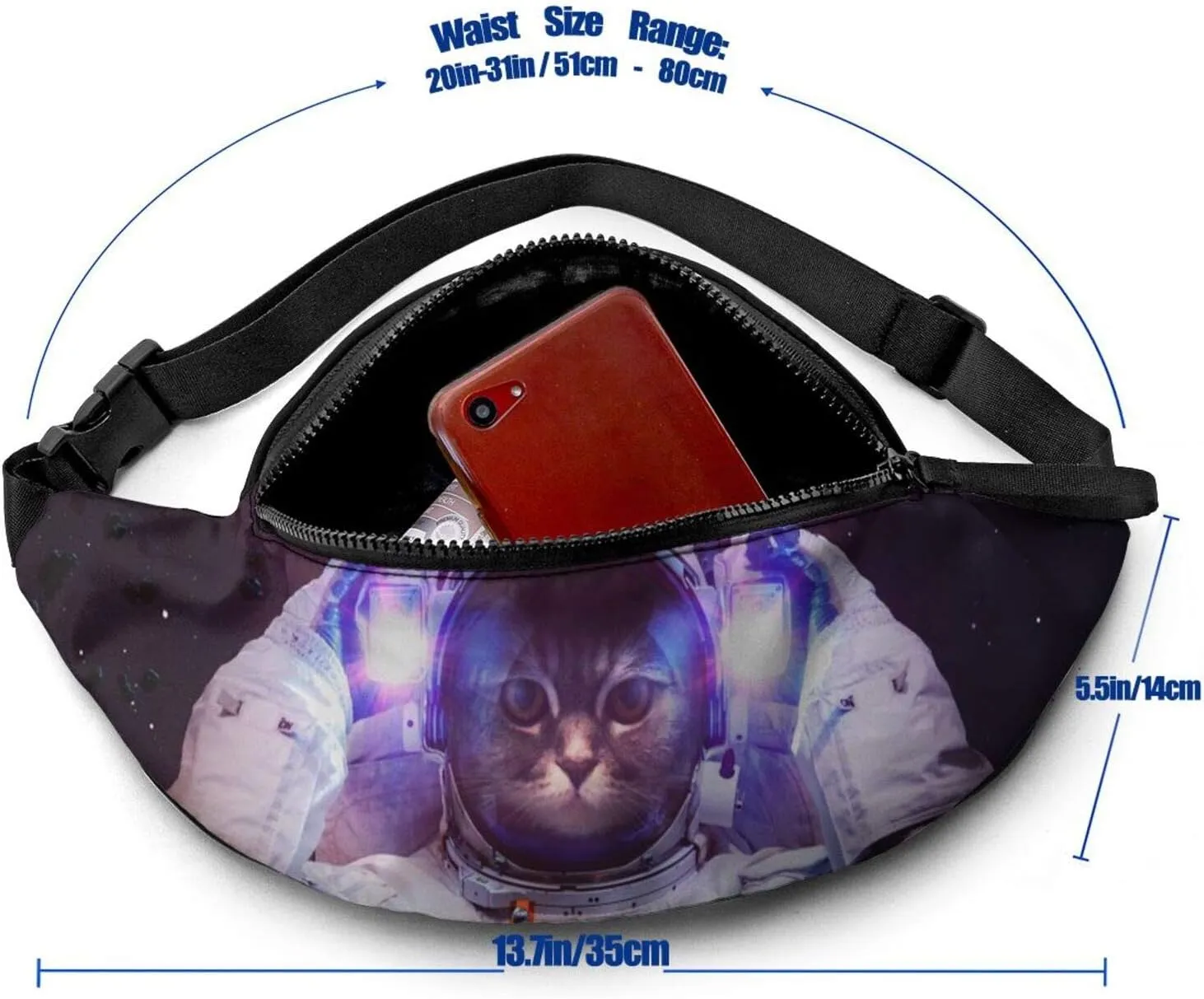 Dujiea Fanny Pack, Cat In Outer Space Waist Bag with Headphone Hole Belt Bag Adjustable Sling Pocket Fashion Hip Bum Bag for Women Men Kids Outdoors Casual Travelling Hiking Cycling