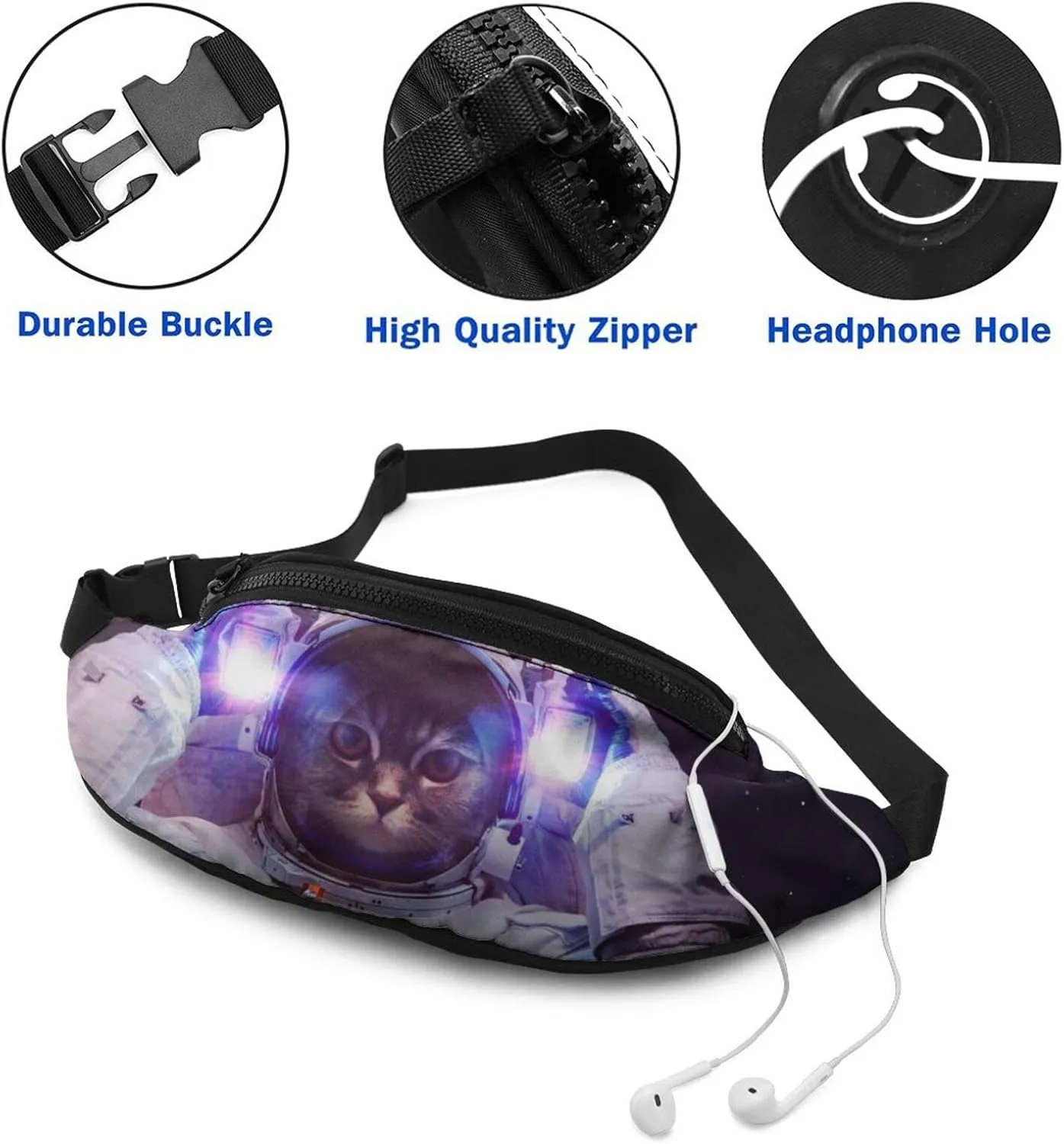 Dujiea Fanny Pack, Cat In Outer Space Waist Bag with Headphone Hole Belt Bag Adjustable Sling Pocket Fashion Hip Bum Bag for Women Men Kids Outdoors Casual Travelling Hiking Cycling