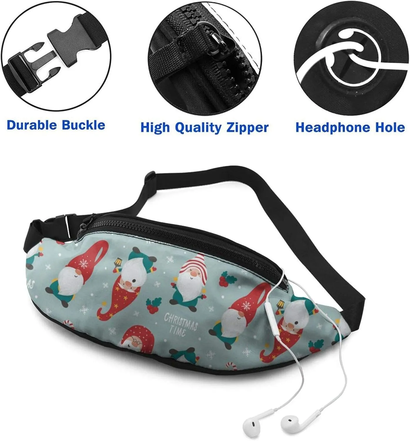 Dujiea Fanny Pack, Christmas Gnomes Waist Bag With Headphone Hole Belt Bag Adjustable Sling Pocket Fashion Hip Bum Bag For Women Men Kids Outdoors Casual Travelling Hiking Cycling