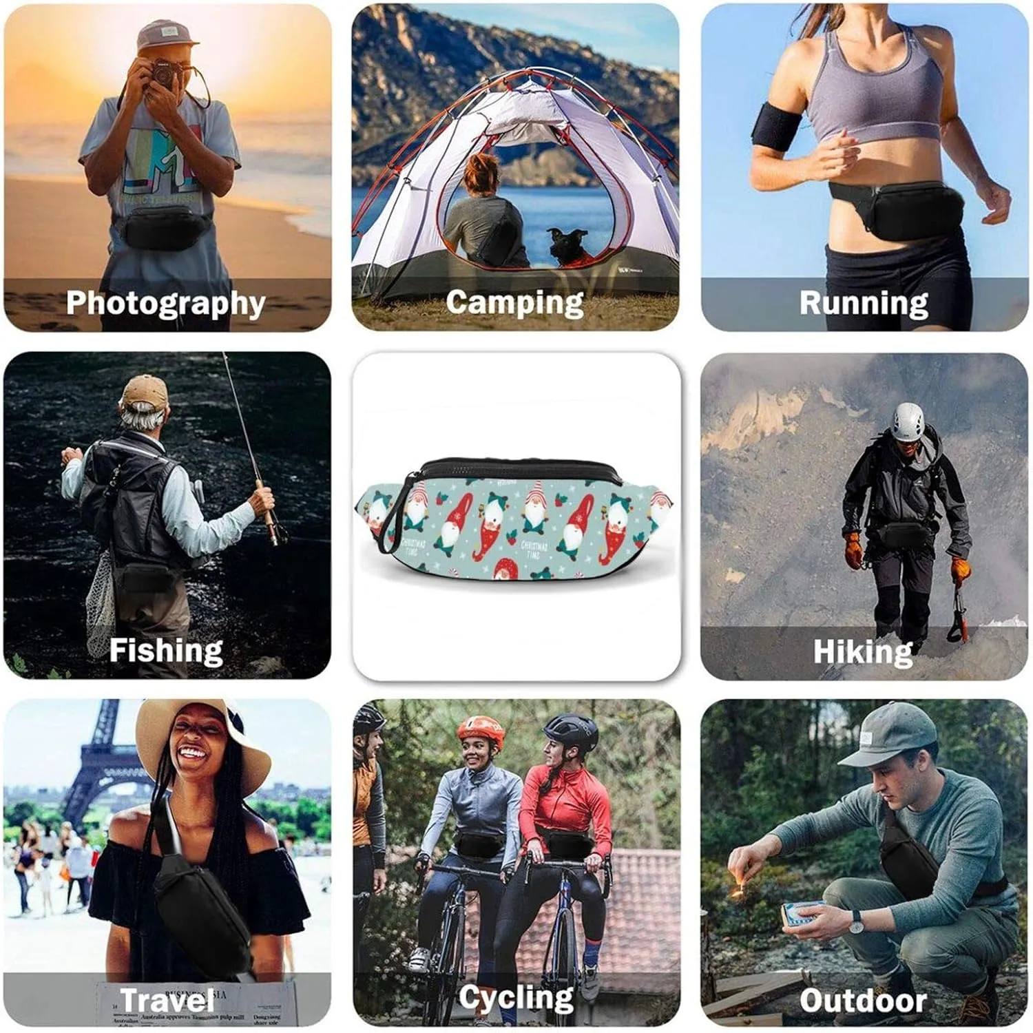 Dujiea Fanny Pack, Christmas Gnomes Waist Bag With Headphone Hole Belt Bag Adjustable Sling Pocket Fashion Hip Bum Bag For Women Men Kids Outdoors Casual Travelling Hiking Cycling