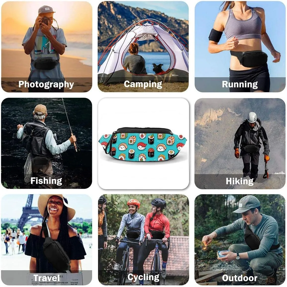 Dujiea Fanny Pack, Funny Food Sushi Waist Bag with Headphone Hole Belt Bag Adjustable Sling Pocket Fashion Hip Bum Bag for Women Men Kids Outdoors Casual Travelling Hiking Cycling