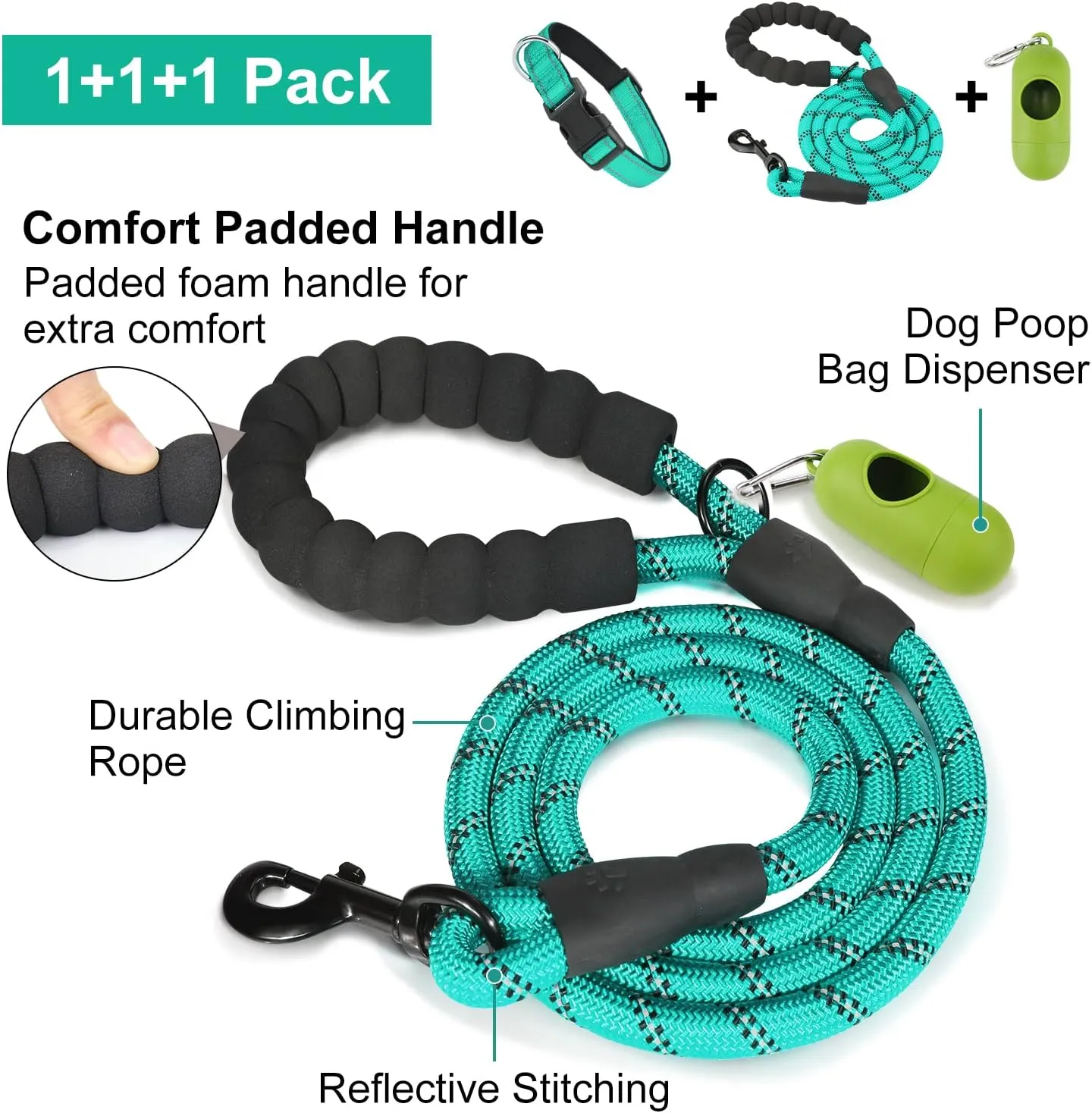 Dynmeow Reflective Dog Collar and Leash Set, 6FT Strong Climbing Rope Leash with Padded Handle, Adjustable Pet Collar with Soft Neoprene Padding for Puppy Small Dogs, Teal, Xs