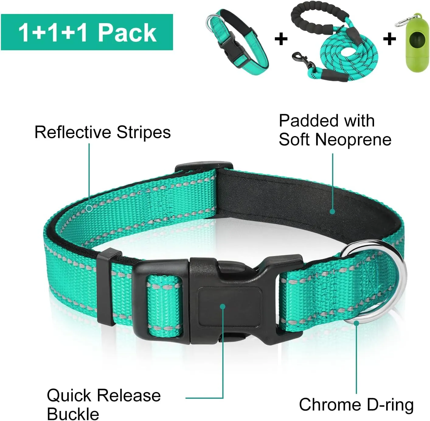Dynmeow Reflective Dog Collar and Leash Set, 6FT Strong Climbing Rope Leash with Padded Handle, Adjustable Pet Collar with Soft Neoprene Padding for Puppy Small Dogs, Teal, Xs