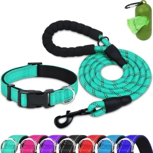 Dynmeow Reflective Dog Collar and Leash Set, 6FT Strong Climbing Rope Leash with Padded Handle, Adjustable Pet Collar with Soft Neoprene Padding for Puppy Small Dogs, Teal, Xs