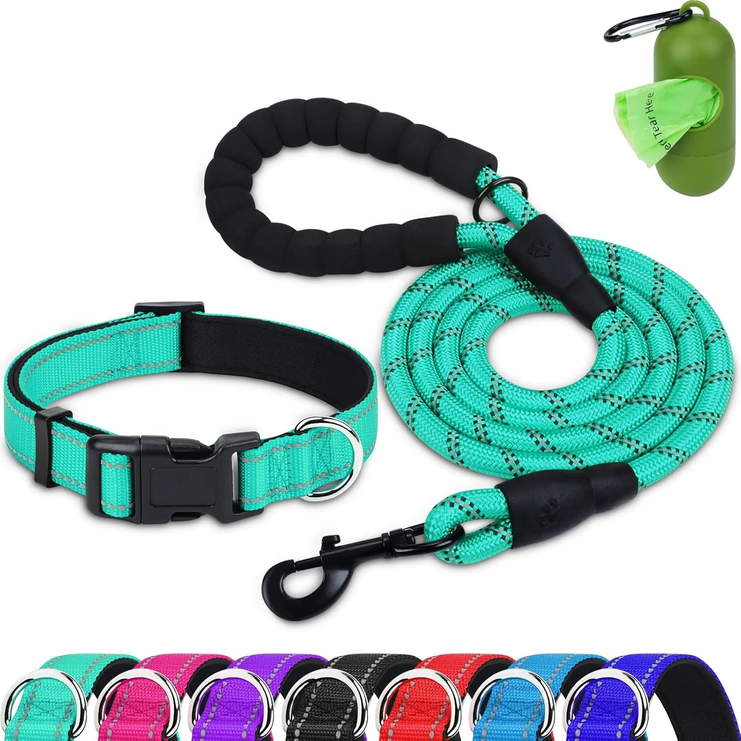 Dynmeow Reflective Dog Collar and Leash Set, 6FT Strong Climbing Rope Leash with Padded Handle, Adjustable Pet Collar with Soft Neoprene Padding for Puppy Small Dogs, Teal, Xs