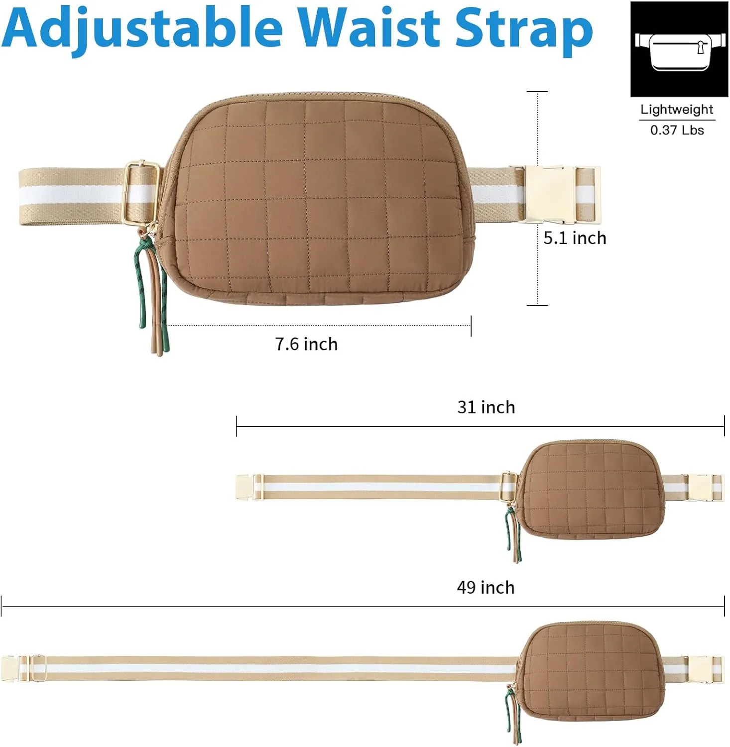 DYSHAYEN Quilted Belt Bag Fanny Pack Crossbody Bag for Women Everywhere Belt Bag with Stripe Strap,Fashion Waist Bag for Workout Running Traveling Hiking (Brown)