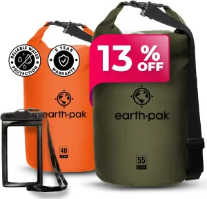Earth Pak Waterproof Dry Bag - Roll Top Waterproof Backpack Sack (Forest Green 55L & Orange 40L)