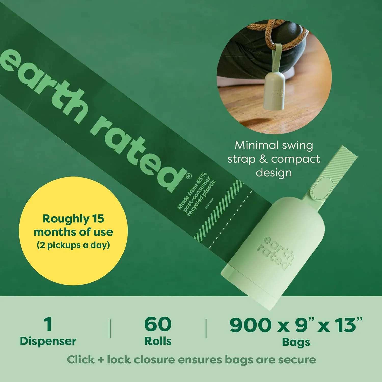 Earth Rated Dog Poop Bag Holder with Bags, Durable and Guaranteed Leakproof, Unscented, 1 Dispenser and 900 Count