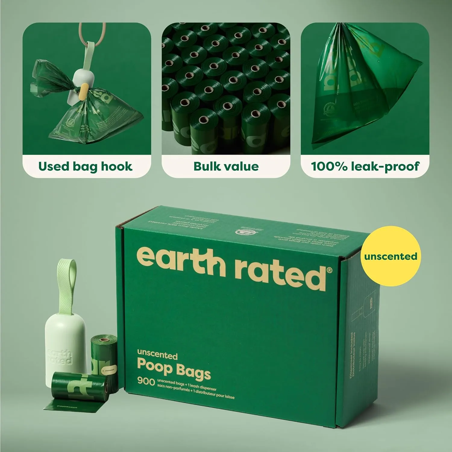 Earth Rated Dog Poop Bag Holder with Bags, Durable and Guaranteed Leakproof, Unscented, 1 Dispenser and 900 Count