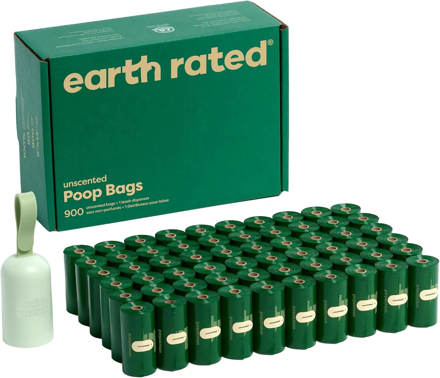 Earth Rated Dog Poop Bag Holder with Bags, Durable and Guaranteed Leakproof, Unscented, 1 Dispenser and 900 Count