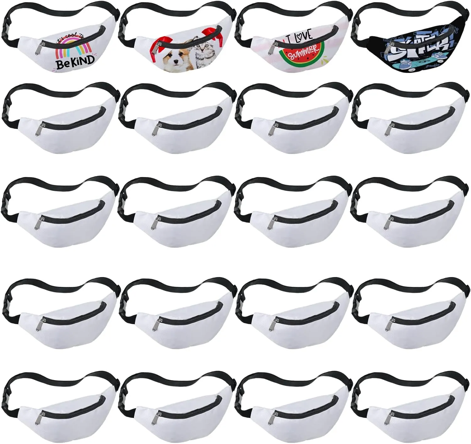 Eccliy 20 Pcs Sublimation Fanny Packs for Women Men White Running Waist Bag Waist Pouch with Adjustable Strap Zipper for DIY Hiking Traveling Biking Festival Sports Outdoors Workout