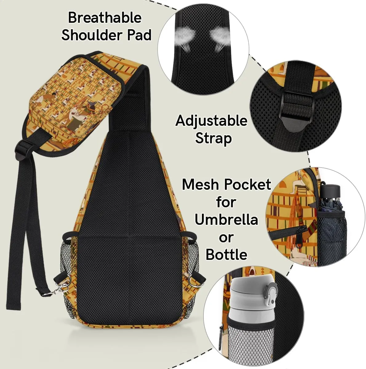 Egyptian Egypt Crossbody Sling Backpack Sling Bag Ancient Hieroglyphics Small Chest Bag for Women Men Outdoor Shoulder Bag Travel Hiking Daypack for Sports Running Cycling Walking