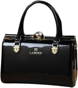 Elegant Patent Leather Handbag, Black with Gold Hardware, Crystal Accent, Mini Satchel Style