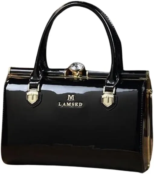 Elegant Patent Leather Handbag, Black with Gold Hardware, Crystal Accent, Mini Satchel Style