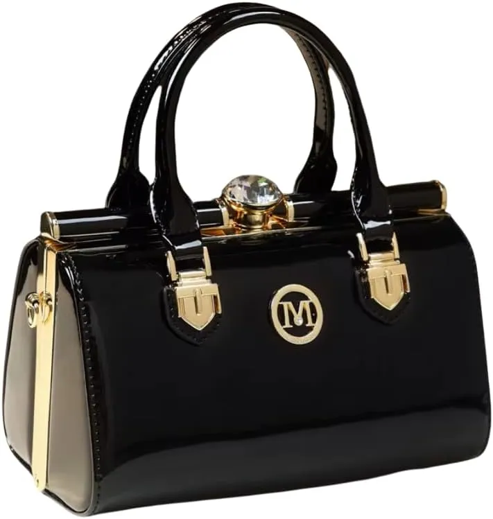 Elegant Patent Leather Handbag, Black with Gold Hardware, Crystal Accent, Mini Satchel Style
