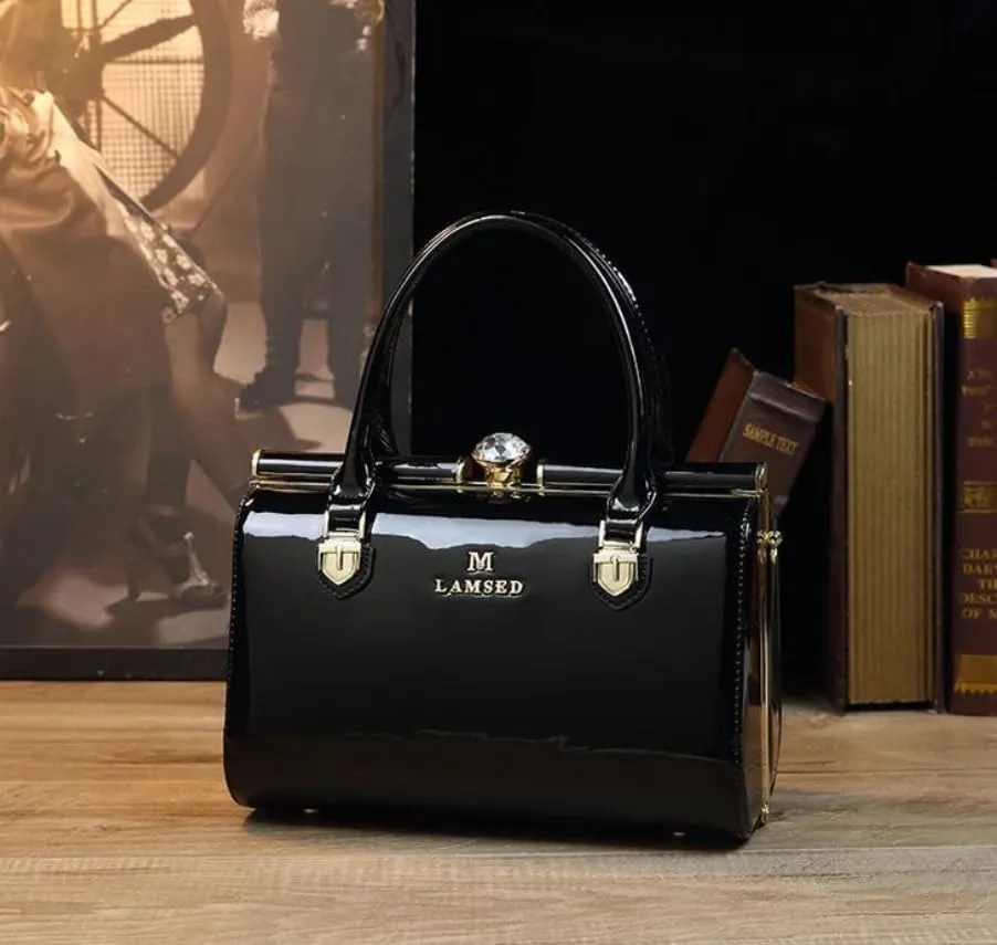 Elegant Patent Leather Handbag, Black with Gold Hardware, Crystal Accent, Mini Satchel Style