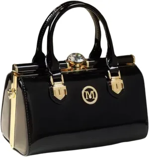 Elegant Patent Leather Handbag, Black with Gold Hardware, Crystal Accent, Mini Satchel Style