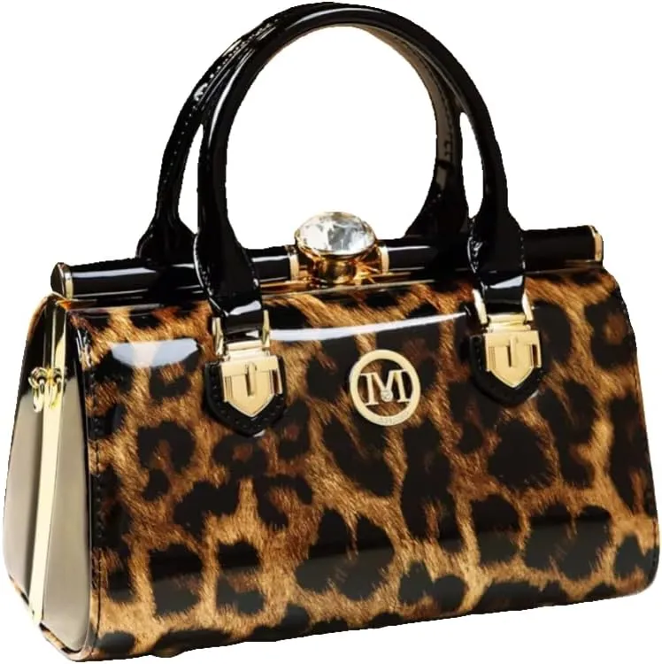 Elegant Patent Leather Handbag, Black with Gold Hardware, Crystal Accent, Mini Satchel Style