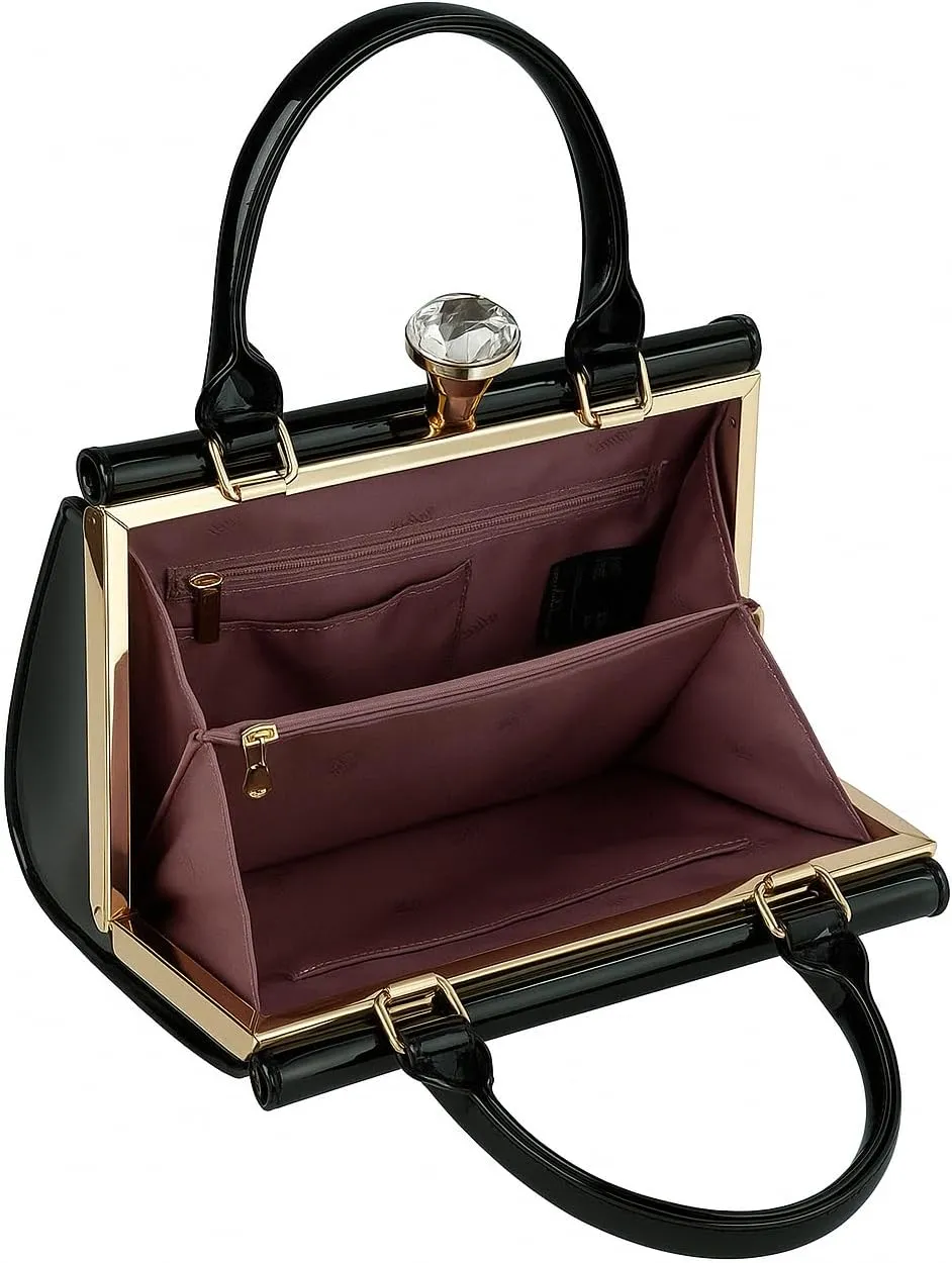 Elegant Patent Leather Handbag, Black with Gold Hardware, Crystal Accent, Mini Satchel Style