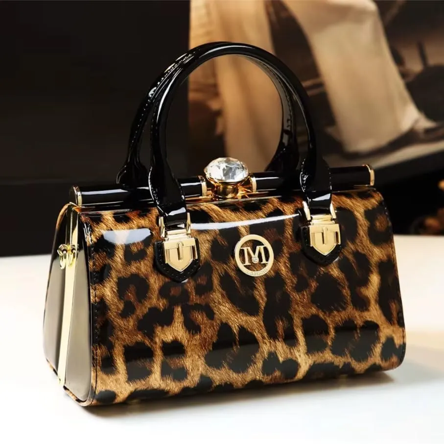 Elegant Patent Leather Handbag, Black with Gold Hardware, Crystal Accent, Mini Satchel Style