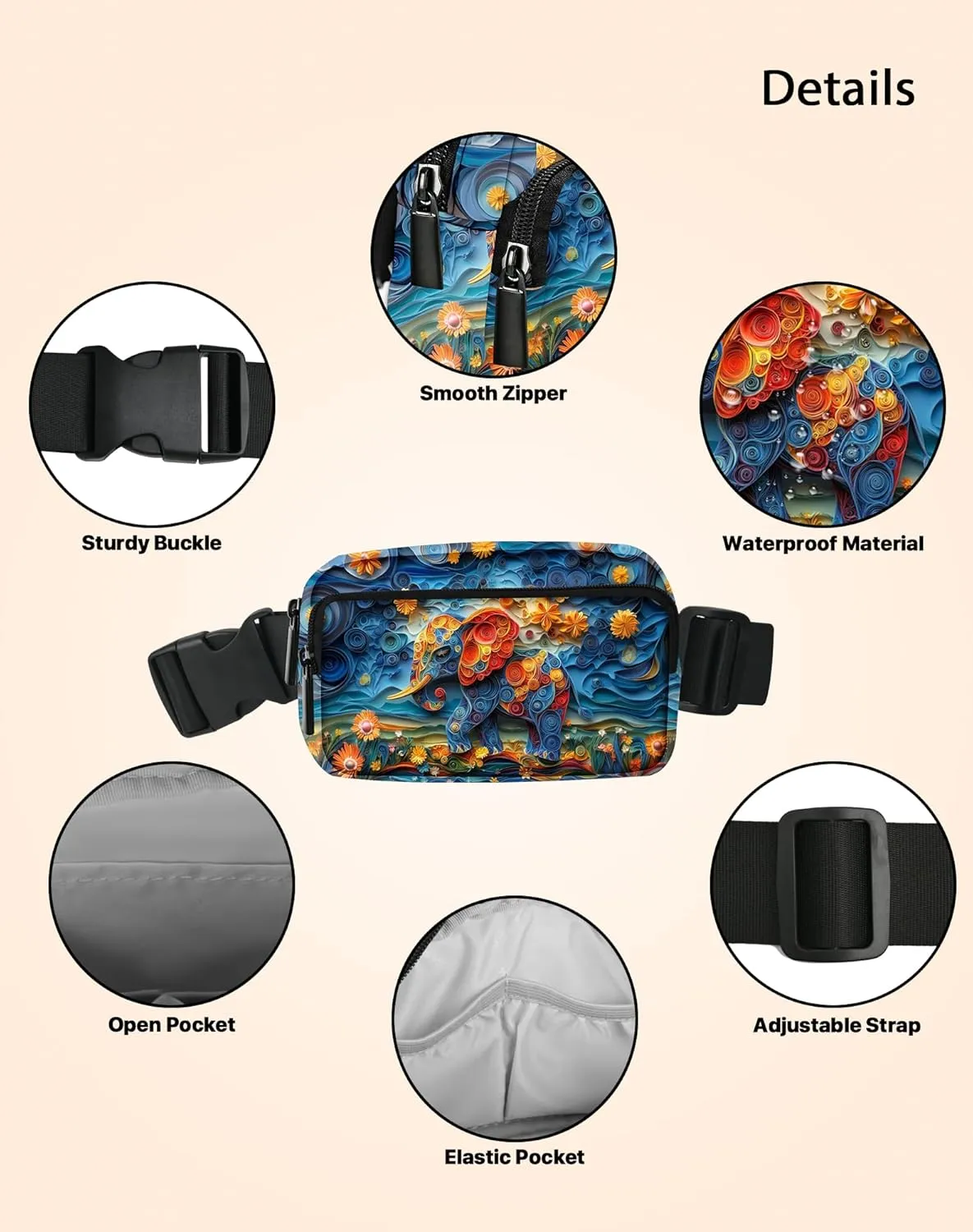 Elephant Fanny Pack Fashion Belt Bag Lightweight Waist Pouch with Adjustable Strap Mini Crossbody Bags for Women Travel Sports Running