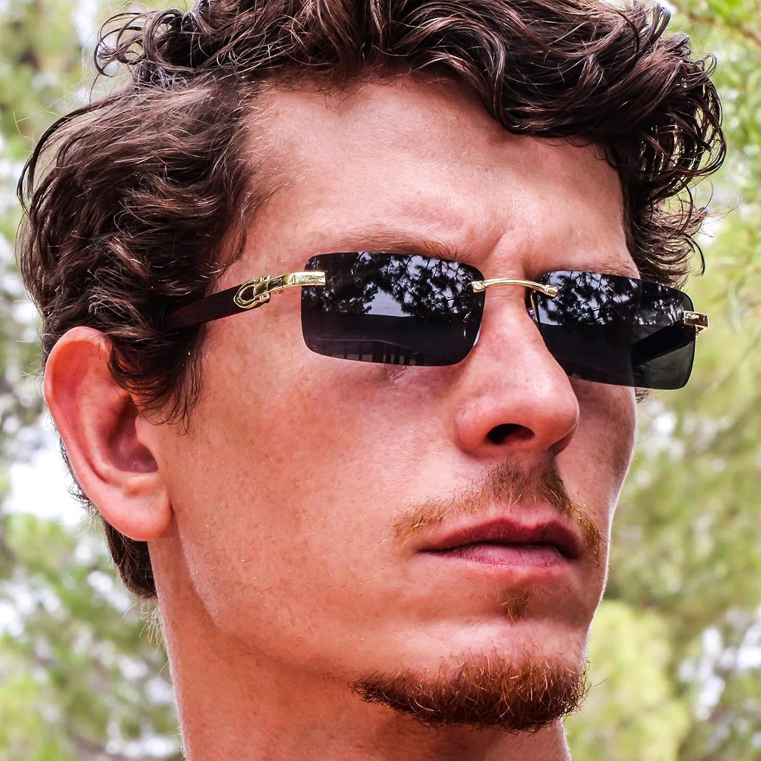 Elite Slim Rimless Rectangular Metal & Wood Art Aviator Sunglasses