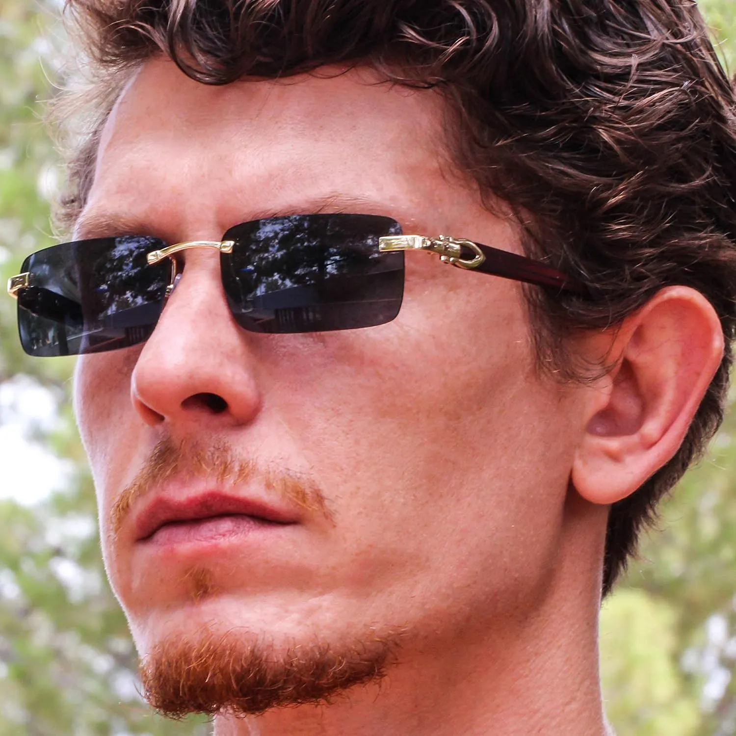 Elite Slim Rimless Rectangular Metal & Wood Art Aviator Sunglasses
