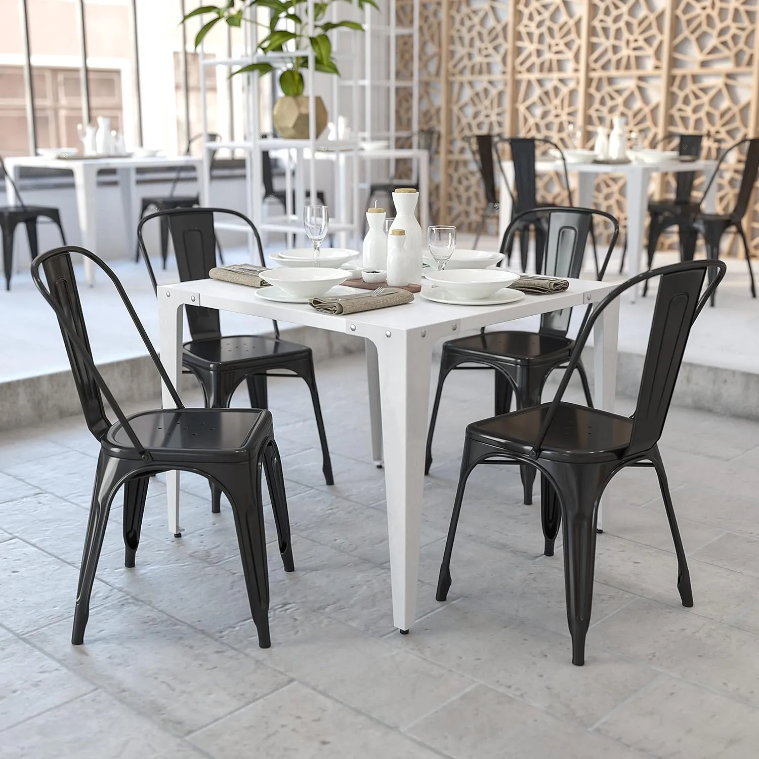 EMMA   OLIVER 4 Pack Black Metal Indoor-Outdoor Stackable Chair - Restaurant Chair - Bistro Chair