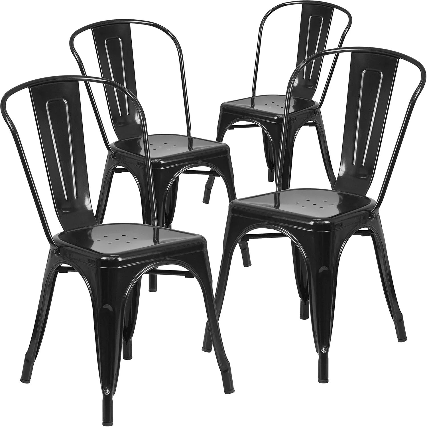 EMMA   OLIVER 4 Pack Black Metal Indoor-Outdoor Stackable Chair - Restaurant Chair - Bistro Chair