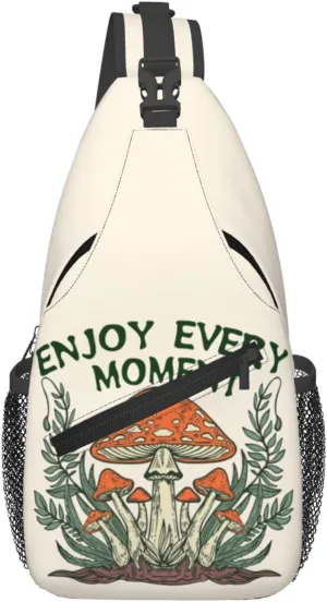 Enjoy Every Moment Magic Mushrooms Forest Chest Sling Bag Crossbody Shoulder Backpack Bag Gym Cycling Daypack Travel Hiking Cross Bag