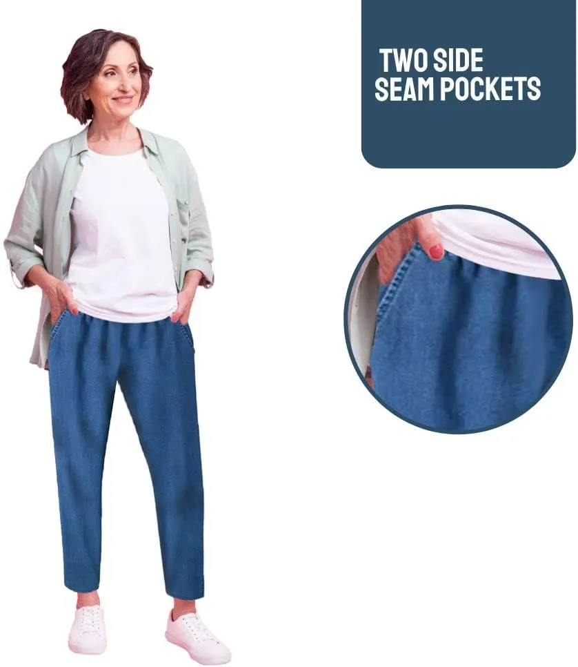 EOM Womans Pull On Side Pockets Full Elastic Waist Jeans