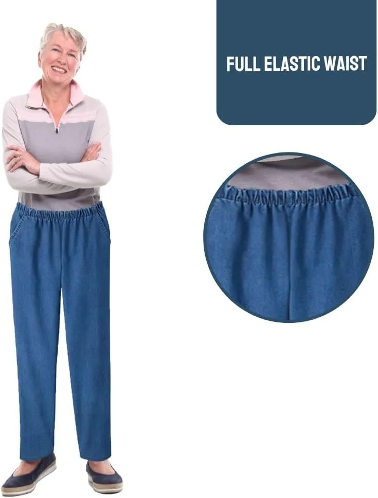 EOM Womans Pull On Side Pockets Full Elastic Waist Jeans