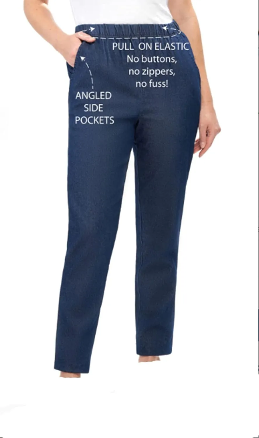 EOM Womans Pull On Side Pockets Full Elastic Waist Jeans